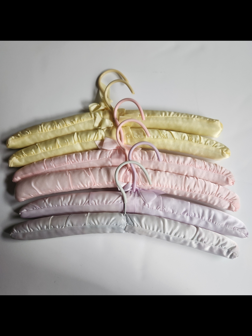 Set of Vintage Padded Satin Hangers in Pastel Yellow, Pink, Lavender, Blue